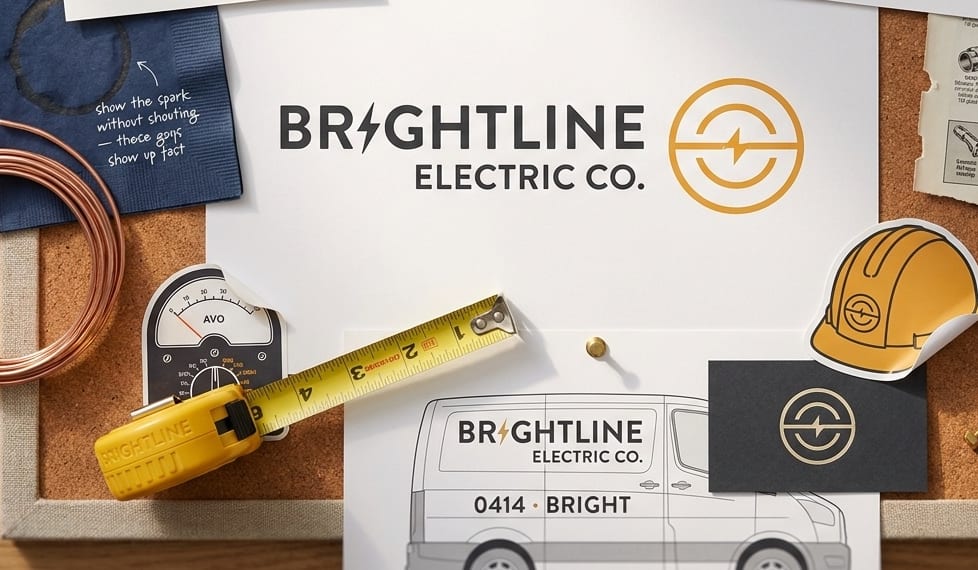 A pinboard of concept branding for Brightline Electric Co.: a charcoal wordmark with a lightning bolt replacing the letter I, beside an amber circular mark, laid among a coil of copper wire, an analogue multimeter, a branded tape measure, a hard-hat sticker, a black foil business card and a van livery mockup.