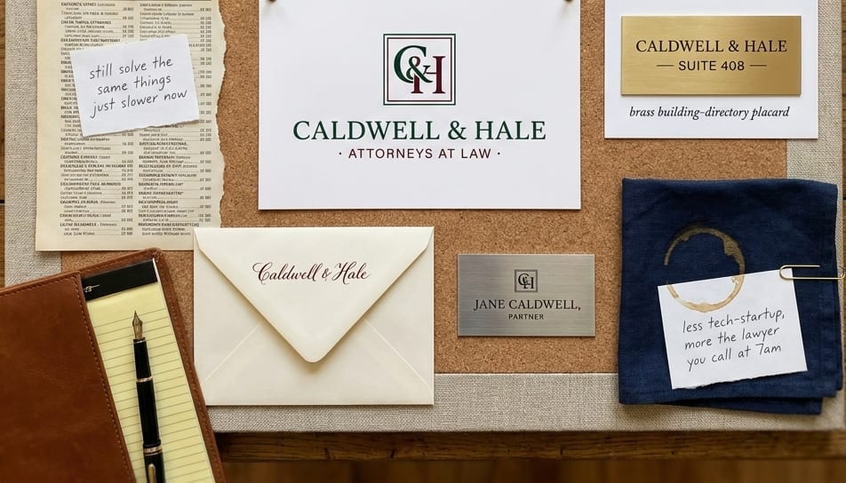 A pinboard of concept branding for Caldwell & Hale, Attorneys at Law: a forest-green and oxblood C&H monogram in a ruled square, a letterpress envelope, a brushed brass suite placard, a steel partner nameplate, a leather legal pad and a torn page from an old legal directory.