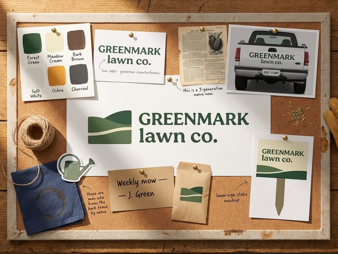 A pinboard of concept branding for Greenmark Lawn Co.: a forest-green wordmark beside a mark of two mown contours, a labelled palette of forest green, meadow cream, bark brown, ochre and charcoal, a truck tailgate decal, a seed packet, a lawn-sign stake mockup, work gloves and a ball of twine.
