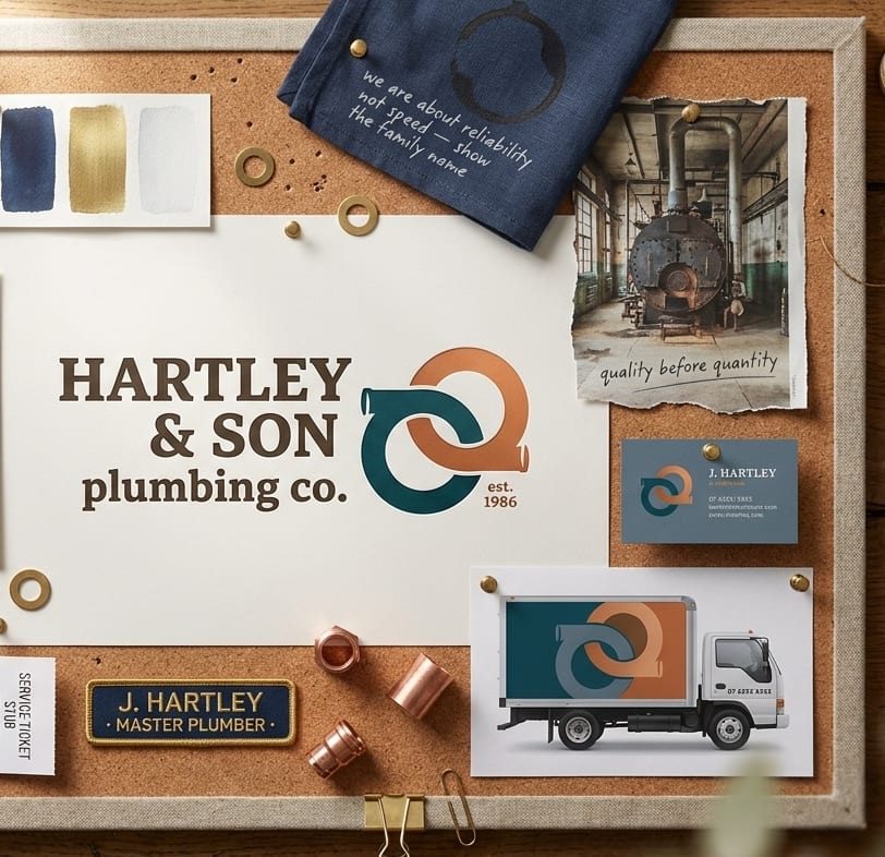 A pinboard of concept branding for Hartley & Son Plumbing Co.: a serif wordmark beside a teal and copper monogram made from two pipe fittings, a navy and brass colour study, a photograph of an old boiler room captioned “quality before quantity”, a business card, an enamel “J. Hartley, Master Plumber” badge and a box-truck livery mockup.