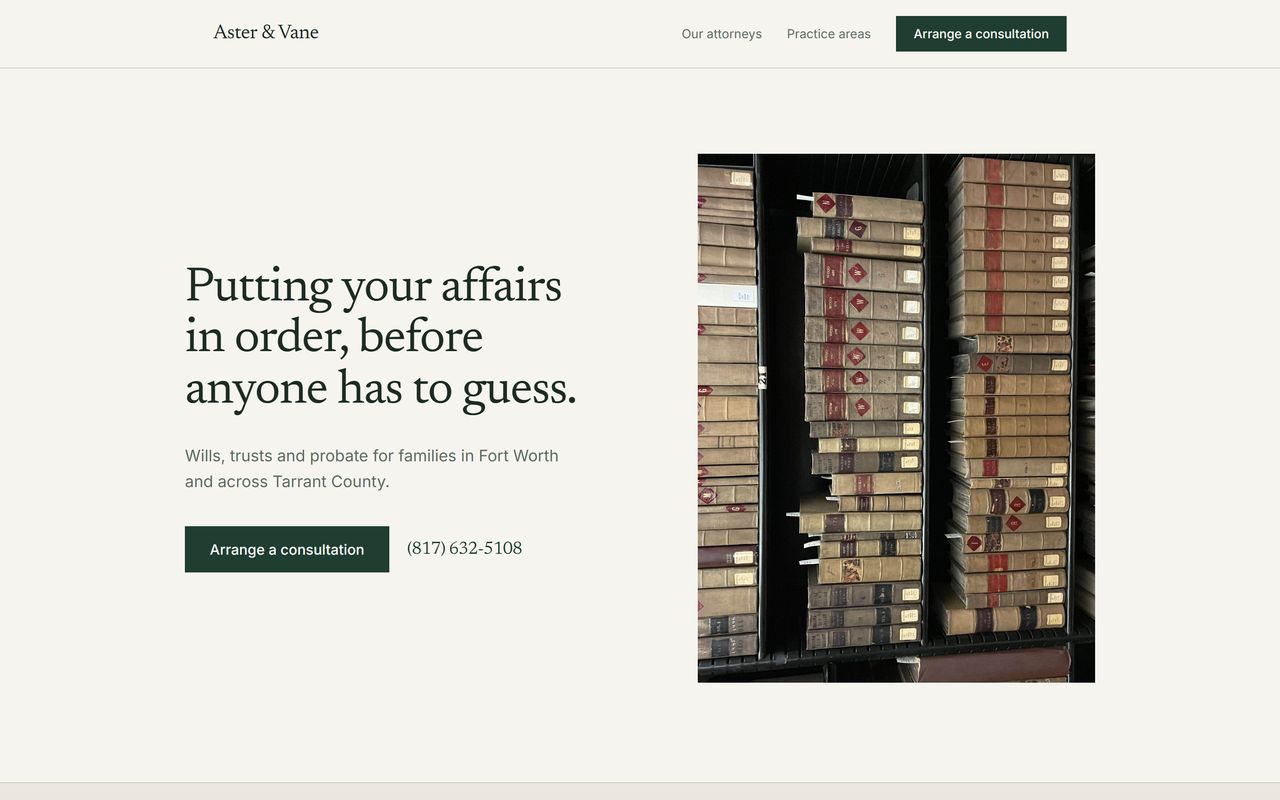 Aster and Vane concept homepage: a quiet serif layout in forest green on warm paper, headlined “Putting your affairs in order, before anyone has to guess.”