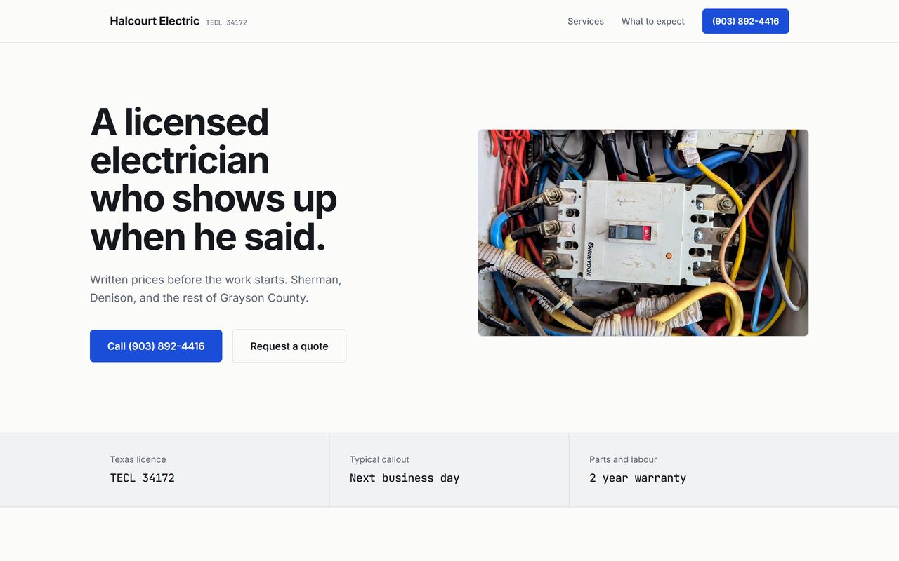 Halcourt Electric concept homepage: a light, technical layout with the headline “A licensed electrician who shows up when he said” beside a photograph of a service panel.